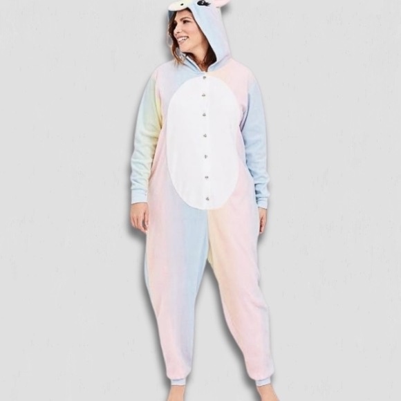 Rainbow Pastel Unicorn Fleece Onesie Plush Halloween Costume Multicolor W 1X/2X - Picture 1 of 12